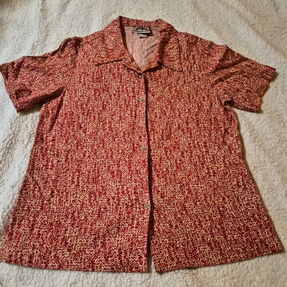 Pine Cove Sharon Young‎ Red Abstract Print Rayon Linen Button Up Shirt Womens 12